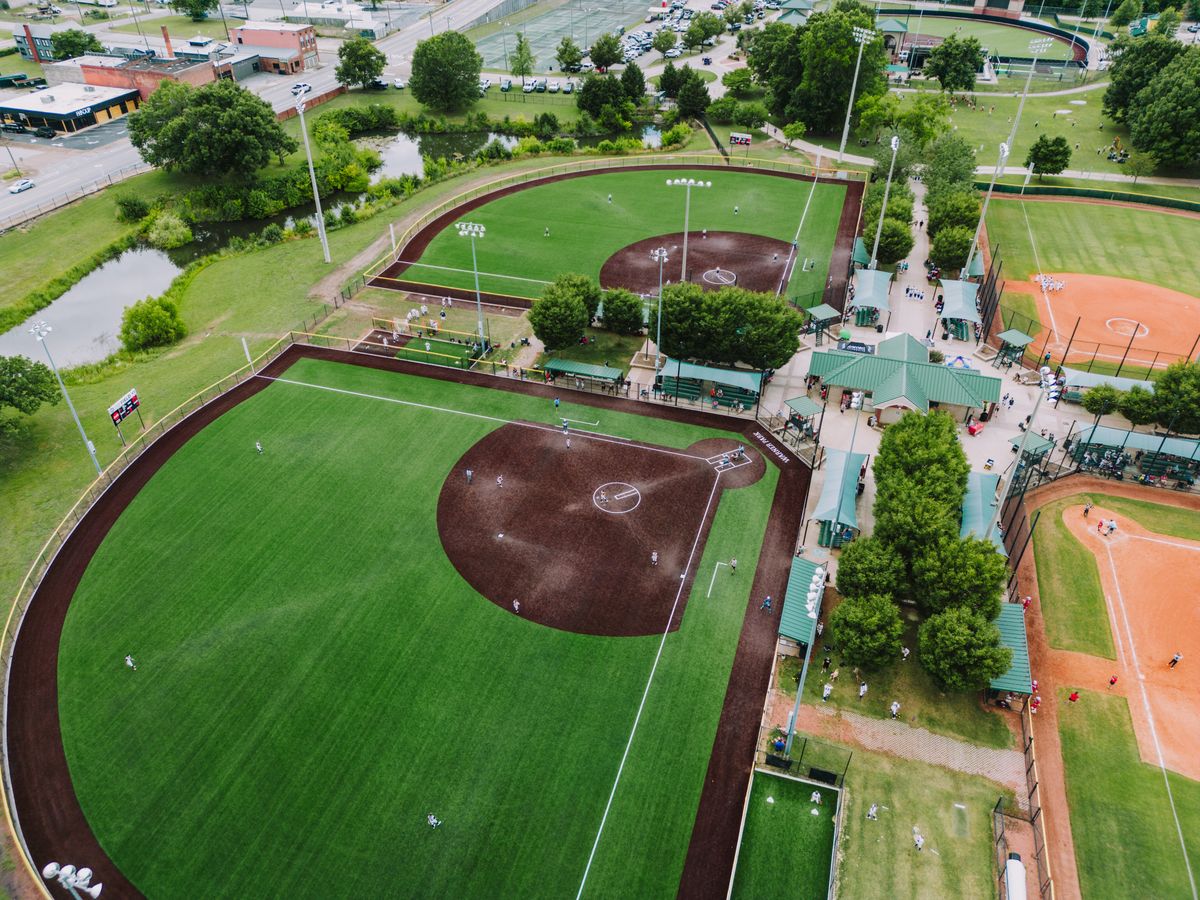 Aerial view of ball fields and a recreation ground at the county fairgrounds